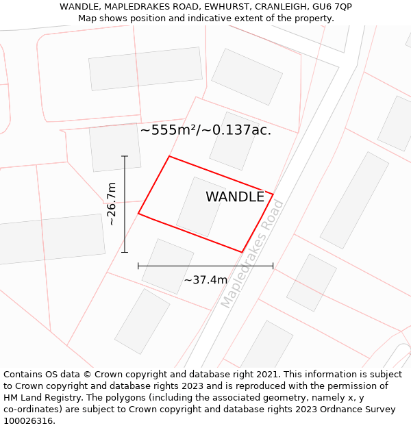 WANDLE, MAPLEDRAKES ROAD, EWHURST, CRANLEIGH, GU6 7QP: Plot and title map