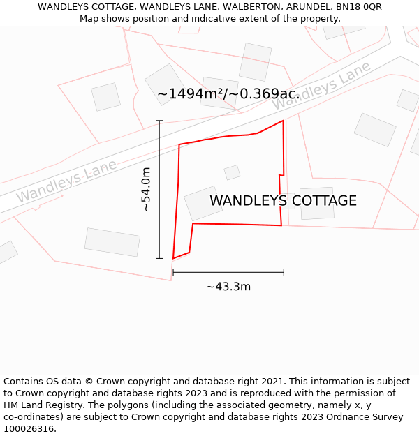 WANDLEYS COTTAGE, WANDLEYS LANE, WALBERTON, ARUNDEL, BN18 0QR: Plot and title map
