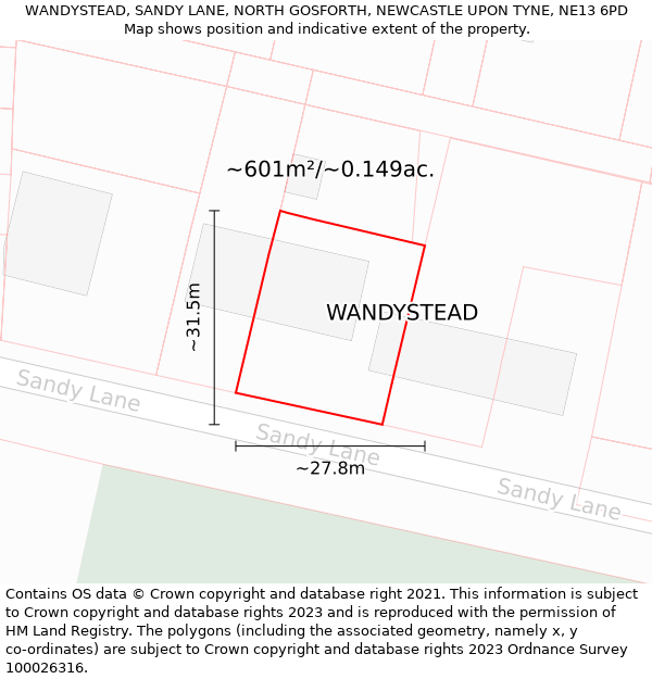 WANDYSTEAD, SANDY LANE, NORTH GOSFORTH, NEWCASTLE UPON TYNE, NE13 6PD: Plot and title map