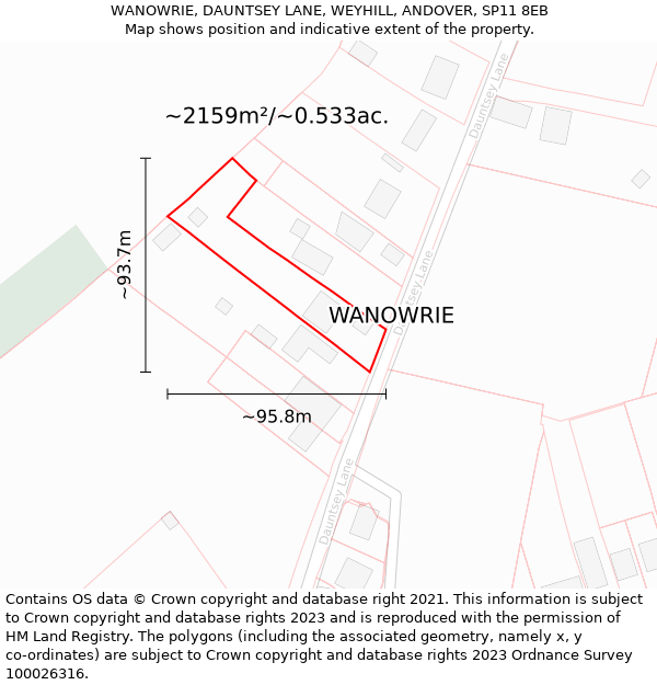 WANOWRIE, DAUNTSEY LANE, WEYHILL, ANDOVER, SP11 8EB: Plot and title map