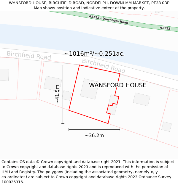 WANSFORD HOUSE, BIRCHFIELD ROAD, NORDELPH, DOWNHAM MARKET, PE38 0BP: Plot and title map