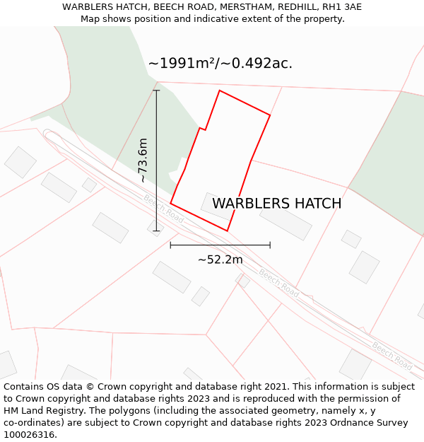 WARBLERS HATCH, BEECH ROAD, MERSTHAM, REDHILL, RH1 3AE: Plot and title map