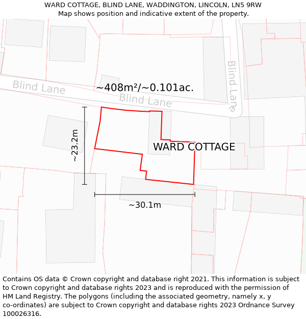 WARD COTTAGE, BLIND LANE, WADDINGTON, LINCOLN, LN5 9RW: Plot and title map