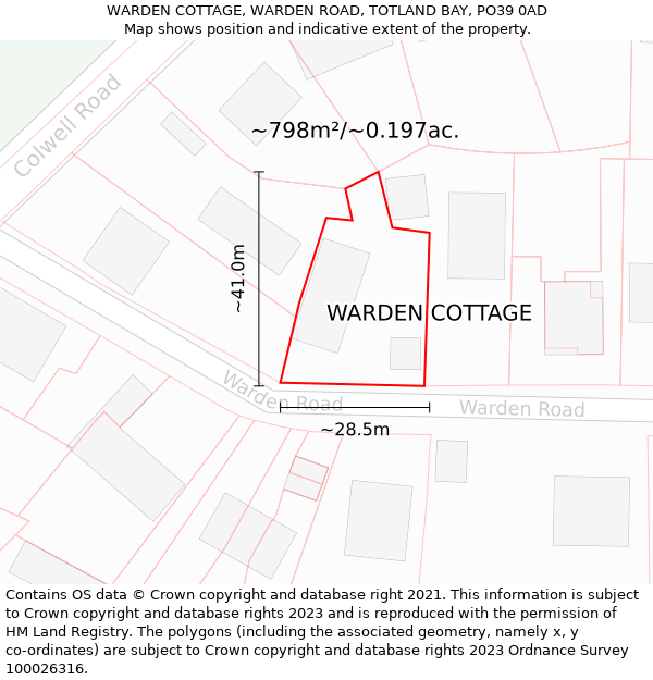 WARDEN COTTAGE, WARDEN ROAD, TOTLAND BAY, PO39 0AD: Plot and title map