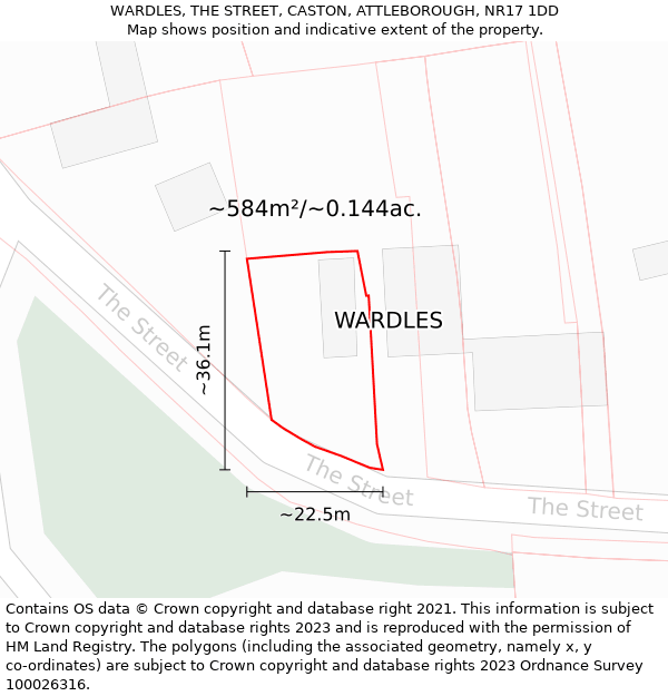 WARDLES, THE STREET, CASTON, ATTLEBOROUGH, NR17 1DD: Plot and title map