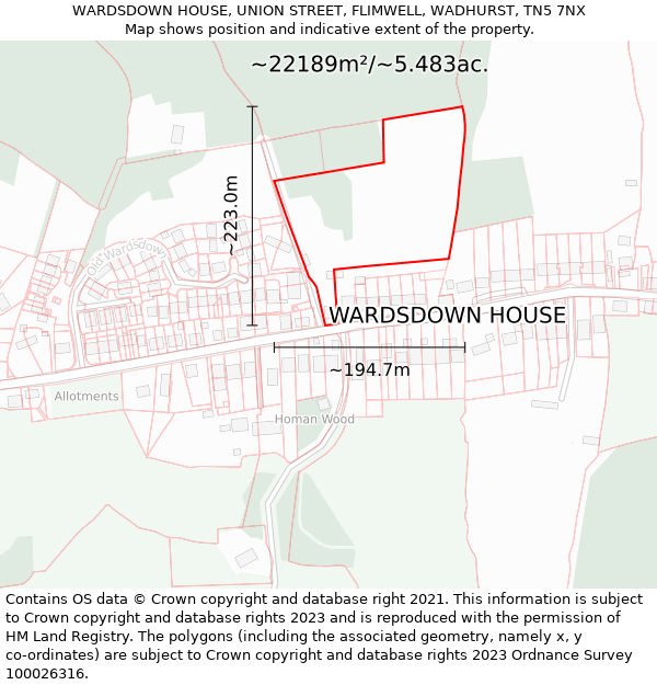 WARDSDOWN HOUSE, UNION STREET, FLIMWELL, WADHURST, TN5 7NX: Plot and title map