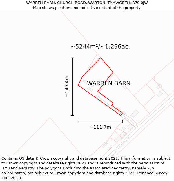 WARREN BARN, CHURCH ROAD, WARTON, TAMWORTH, B79 0JW: Plot and title map