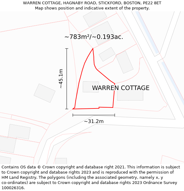 WARREN COTTAGE, HAGNABY ROAD, STICKFORD, BOSTON, PE22 8ET: Plot and title map