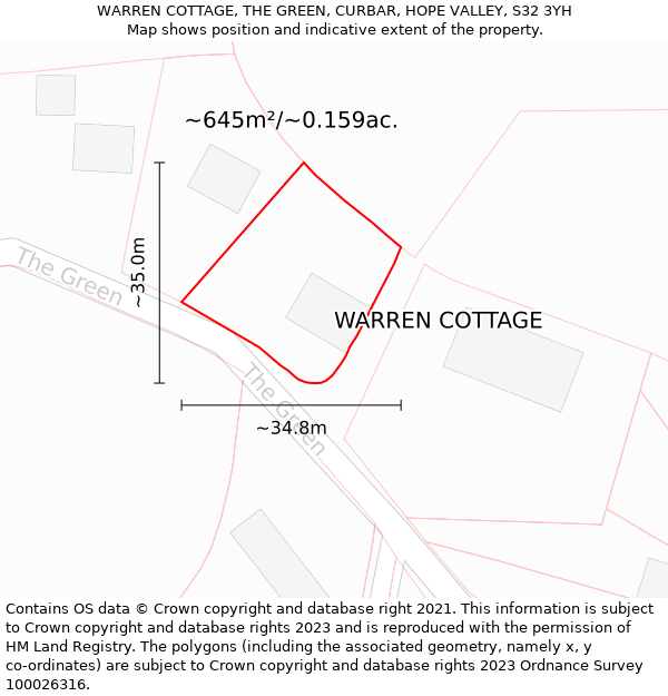 WARREN COTTAGE, THE GREEN, CURBAR, HOPE VALLEY, S32 3YH: Plot and title map