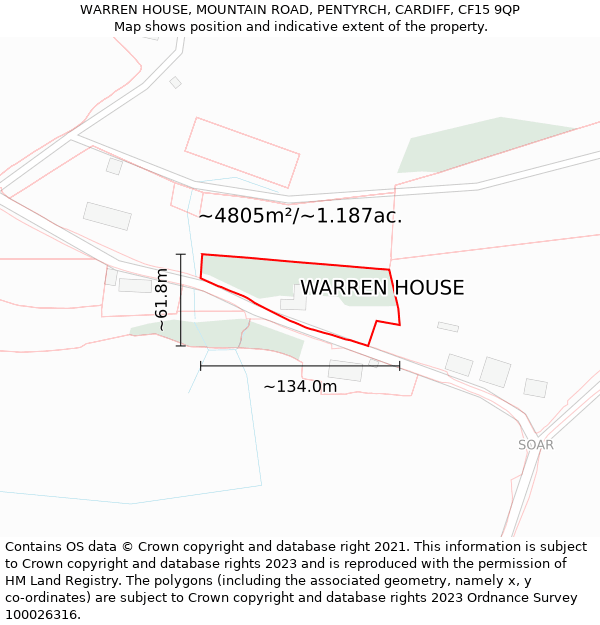 WARREN HOUSE, MOUNTAIN ROAD, PENTYRCH, CARDIFF, CF15 9QP: Plot and title map