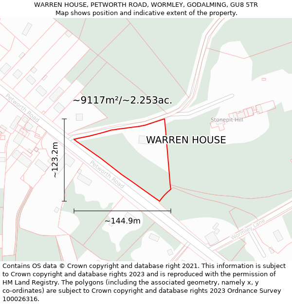 WARREN HOUSE, PETWORTH ROAD, WORMLEY, GODALMING, GU8 5TR: Plot and title map