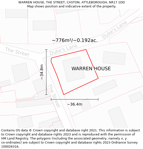 WARREN HOUSE, THE STREET, CASTON, ATTLEBOROUGH, NR17 1DD: Plot and title map