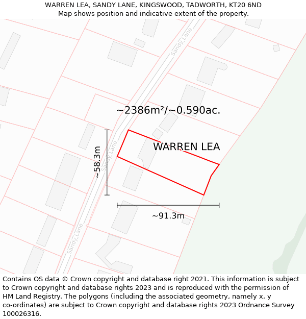 WARREN LEA, SANDY LANE, KINGSWOOD, TADWORTH, KT20 6ND: Plot and title map