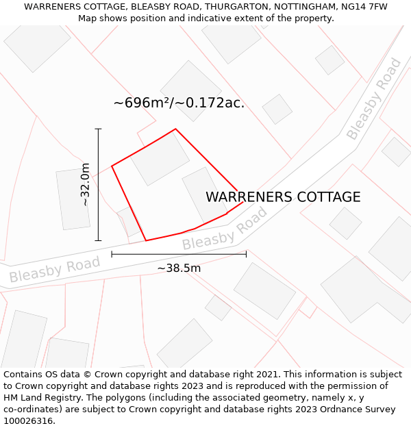 WARRENERS COTTAGE, BLEASBY ROAD, THURGARTON, NOTTINGHAM, NG14 7FW: Plot and title map