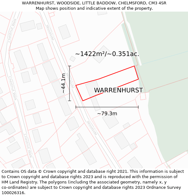 WARRENHURST, WOODSIDE, LITTLE BADDOW, CHELMSFORD, CM3 4SR: Plot and title map