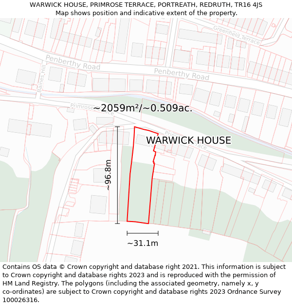 WARWICK HOUSE, PRIMROSE TERRACE, PORTREATH, REDRUTH, TR16 4JS: Plot and title map