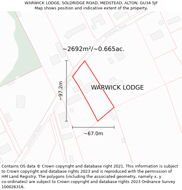 WARWICK LODGE, SOLDRIDGE ROAD, MEDSTEAD, ALTON, GU34 5JF: Plot and title map