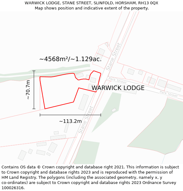 WARWICK LODGE, STANE STREET, SLINFOLD, HORSHAM, RH13 0QX: Plot and title map