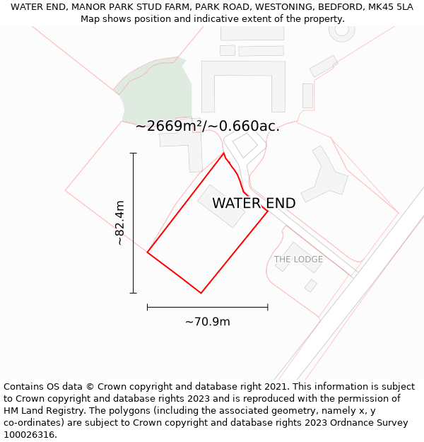 WATER END, MANOR PARK STUD FARM, PARK ROAD, WESTONING, BEDFORD, MK45 5LA: Plot and title map
