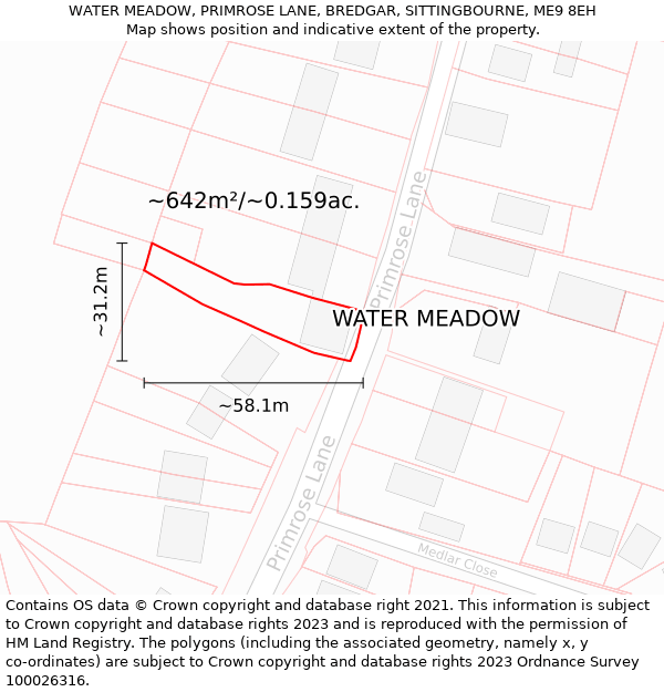 WATER MEADOW, PRIMROSE LANE, BREDGAR, SITTINGBOURNE, ME9 8EH: Plot and title map