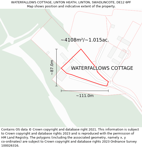 WATERFALLOWS COTTAGE, LINTON HEATH, LINTON, SWADLINCOTE, DE12 6PF: Plot and title map