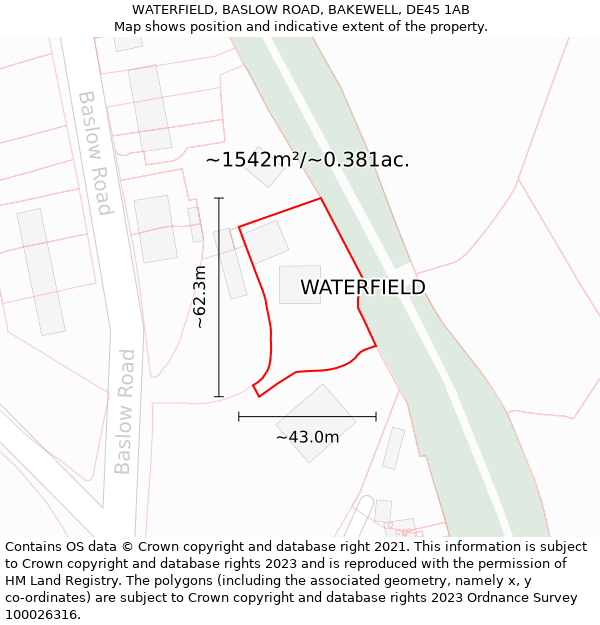 WATERFIELD, BASLOW ROAD, BAKEWELL, DE45 1AB: Plot and title map