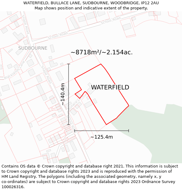 WATERFIELD, BULLACE LANE, SUDBOURNE, WOODBRIDGE, IP12 2AU: Plot and title map