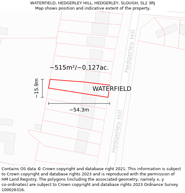 WATERFIELD, HEDGERLEY HILL, HEDGERLEY, SLOUGH, SL2 3RJ: Plot and title map