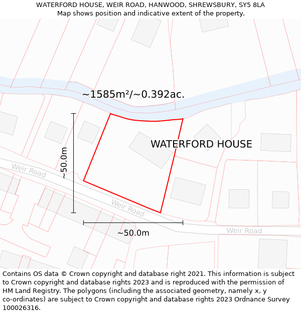 WATERFORD HOUSE, WEIR ROAD, HANWOOD, SHREWSBURY, SY5 8LA: Plot and title map