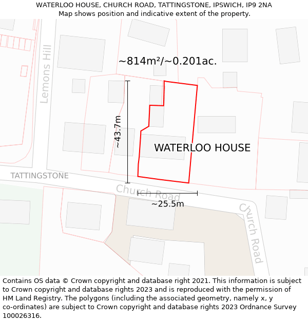 WATERLOO HOUSE, CHURCH ROAD, TATTINGSTONE, IPSWICH, IP9 2NA: Plot and title map