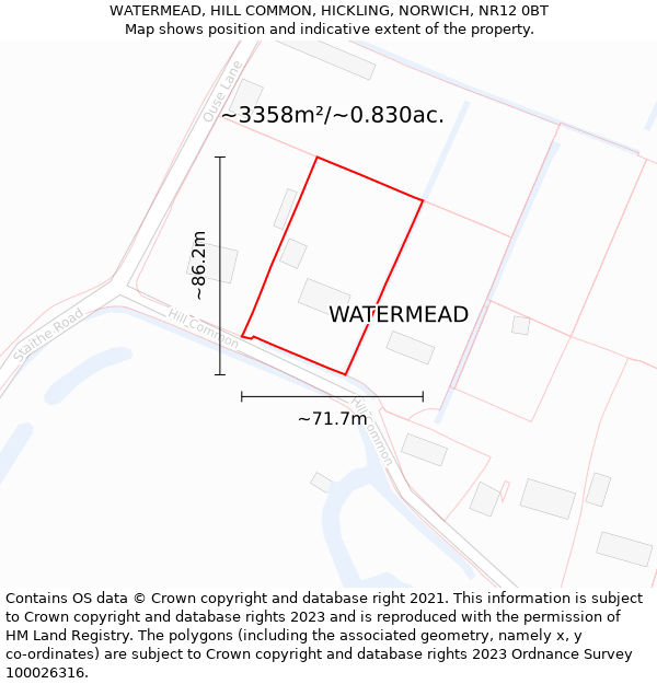 WATERMEAD, HILL COMMON, HICKLING, NORWICH, NR12 0BT: Plot and title map