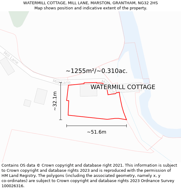 WATERMILL COTTAGE, MILL LANE, MARSTON, GRANTHAM, NG32 2HS: Plot and title map