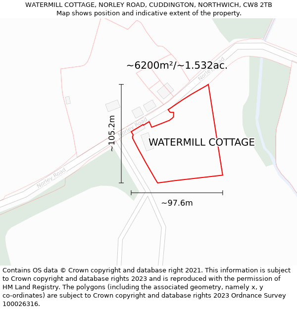 WATERMILL COTTAGE, NORLEY ROAD, CUDDINGTON, NORTHWICH, CW8 2TB: Plot and title map