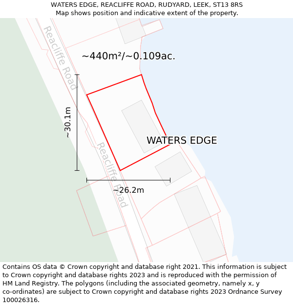 WATERS EDGE, REACLIFFE ROAD, RUDYARD, LEEK, ST13 8RS: Plot and title map