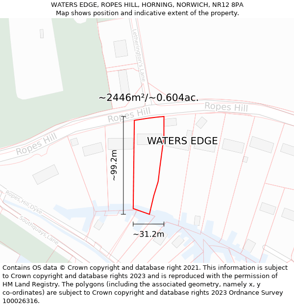 WATERS EDGE, ROPES HILL, HORNING, NORWICH, NR12 8PA: Plot and title map