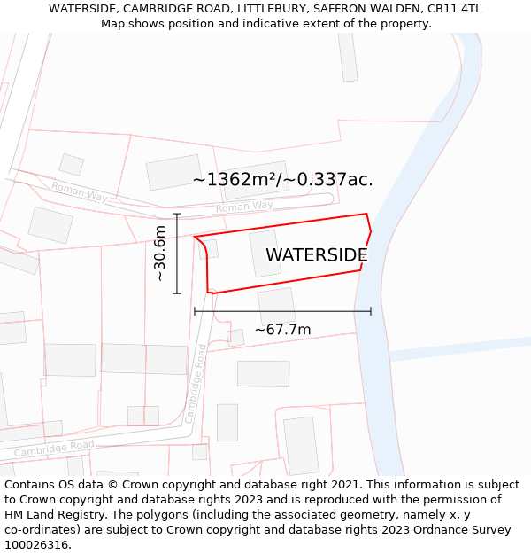 WATERSIDE, CAMBRIDGE ROAD, LITTLEBURY, SAFFRON WALDEN, CB11 4TL: Plot and title map