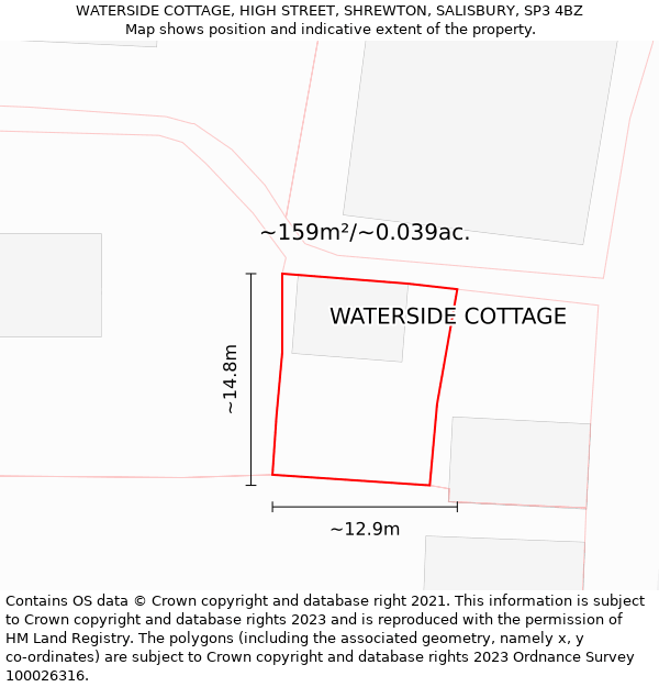 WATERSIDE COTTAGE, HIGH STREET, SHREWTON, SALISBURY, SP3 4BZ: Plot and title map