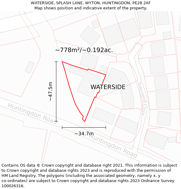 WATERSIDE, SPLASH LANE, WYTON, HUNTINGDON, PE28 2AF: Plot and title map