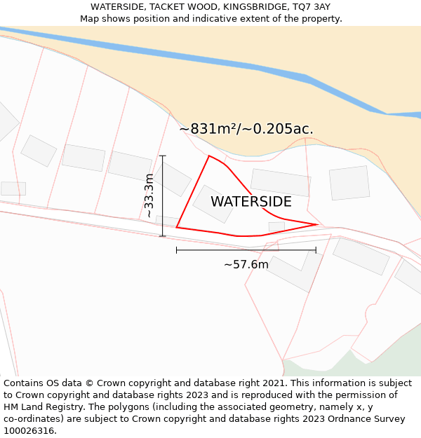 WATERSIDE, TACKET WOOD, KINGSBRIDGE, TQ7 3AY: Plot and title map