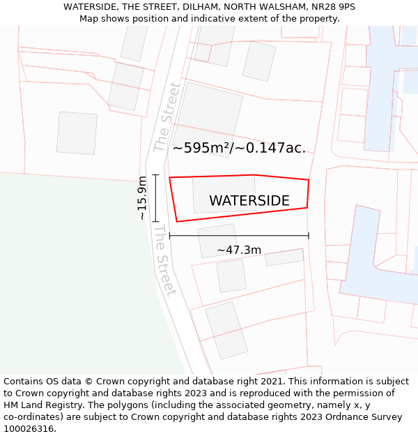 WATERSIDE, THE STREET, DILHAM, NORTH WALSHAM, NR28 9PS: Plot and title map