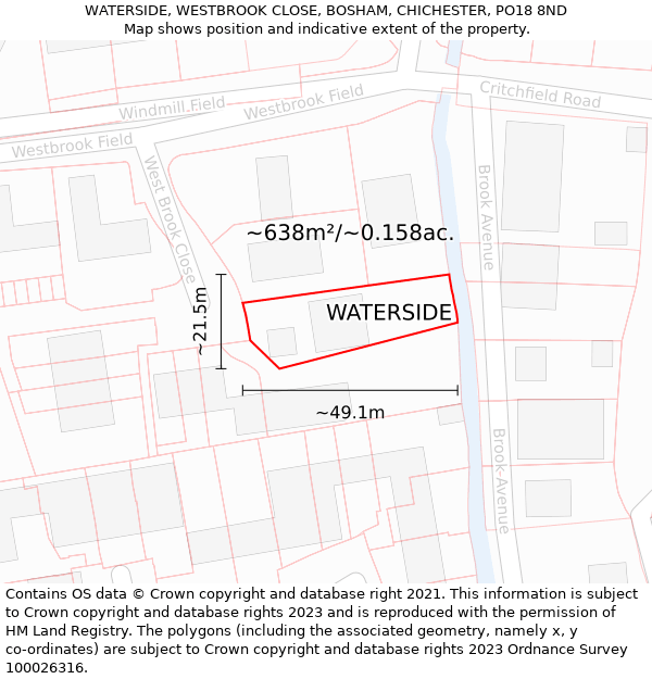 WATERSIDE, WESTBROOK CLOSE, BOSHAM, CHICHESTER, PO18 8ND: Plot and title map