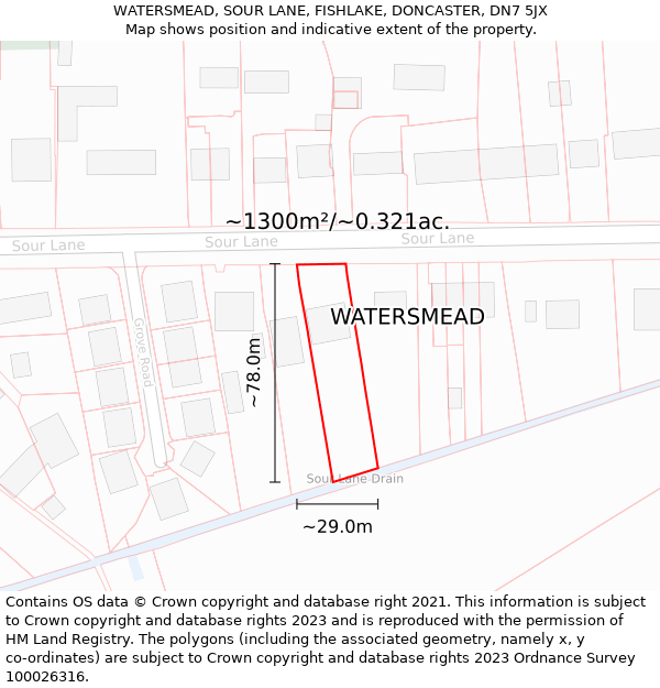 WATERSMEAD, SOUR LANE, FISHLAKE, DONCASTER, DN7 5JX: Plot and title map