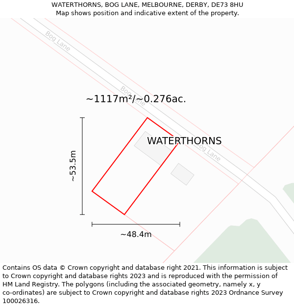 WATERTHORNS, BOG LANE, MELBOURNE, DERBY, DE73 8HU: Plot and title map