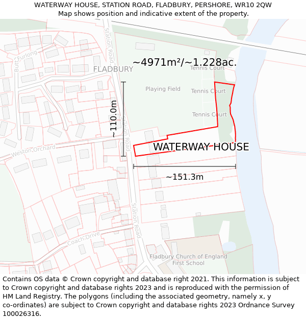 WATERWAY HOUSE, STATION ROAD, FLADBURY, PERSHORE, WR10 2QW: Plot and title map