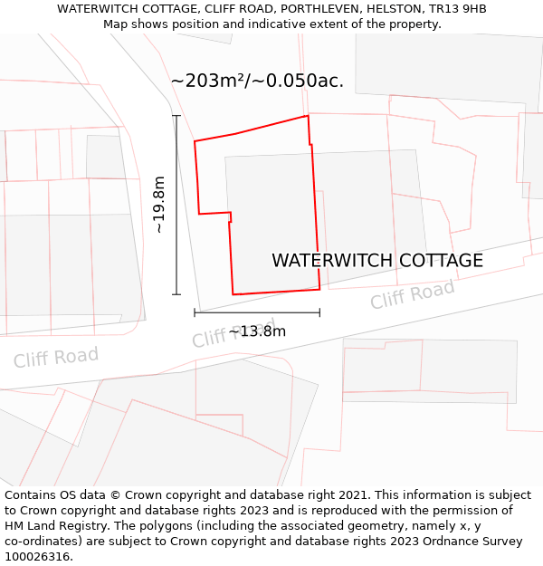 WATERWITCH COTTAGE, CLIFF ROAD, PORTHLEVEN, HELSTON, TR13 9HB: Plot and title map