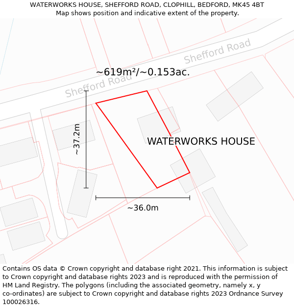 WATERWORKS HOUSE, SHEFFORD ROAD, CLOPHILL, BEDFORD, MK45 4BT: Plot and title map