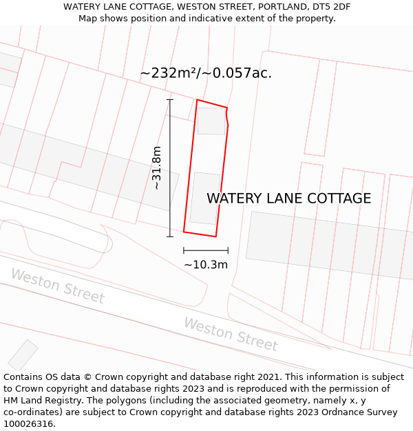 WATERY LANE COTTAGE, WESTON STREET, PORTLAND, DT5 2DF: Plot and title map