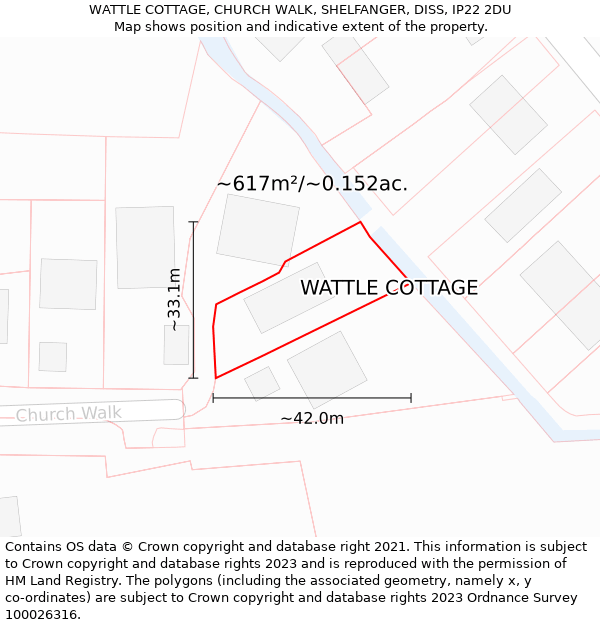 WATTLE COTTAGE, CHURCH WALK, SHELFANGER, DISS, IP22 2DU: Plot and title map