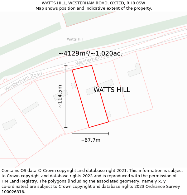 WATTS HILL, WESTERHAM ROAD, OXTED, RH8 0SW: Plot and title map