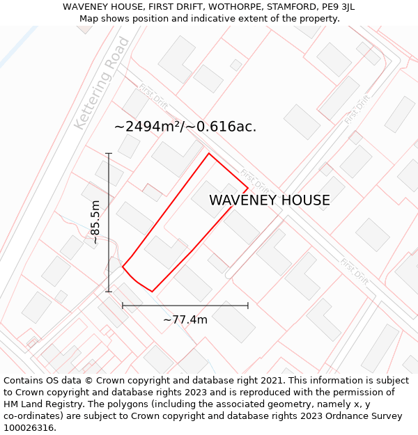 WAVENEY HOUSE, FIRST DRIFT, WOTHORPE, STAMFORD, PE9 3JL: Plot and title map